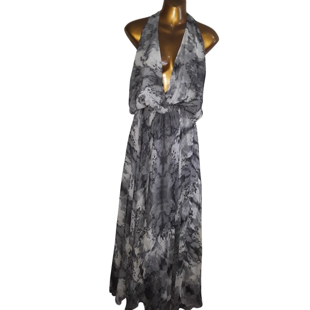 Haute Hippie Sz M Abstract Gray Marble Silk Halter Maxi Dress